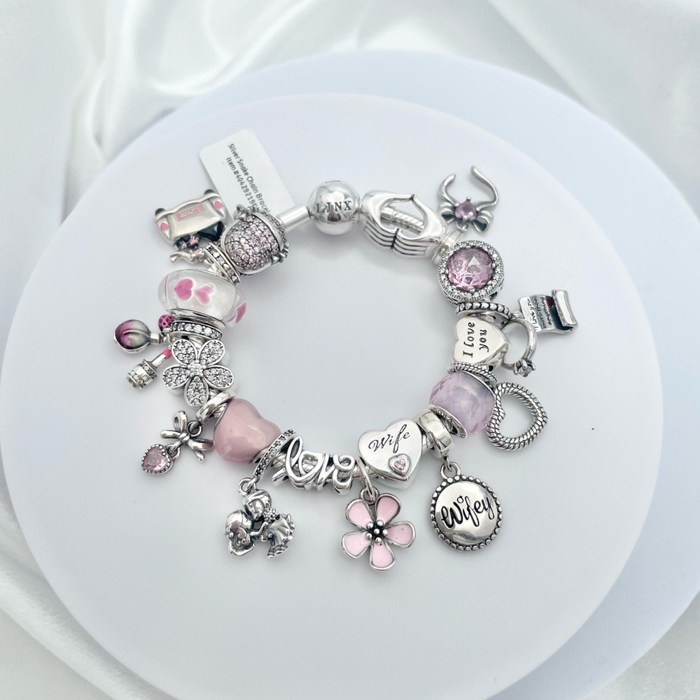 Linx Snake Chain Bracelet with Pink Wife Heart and Love Themed Charms